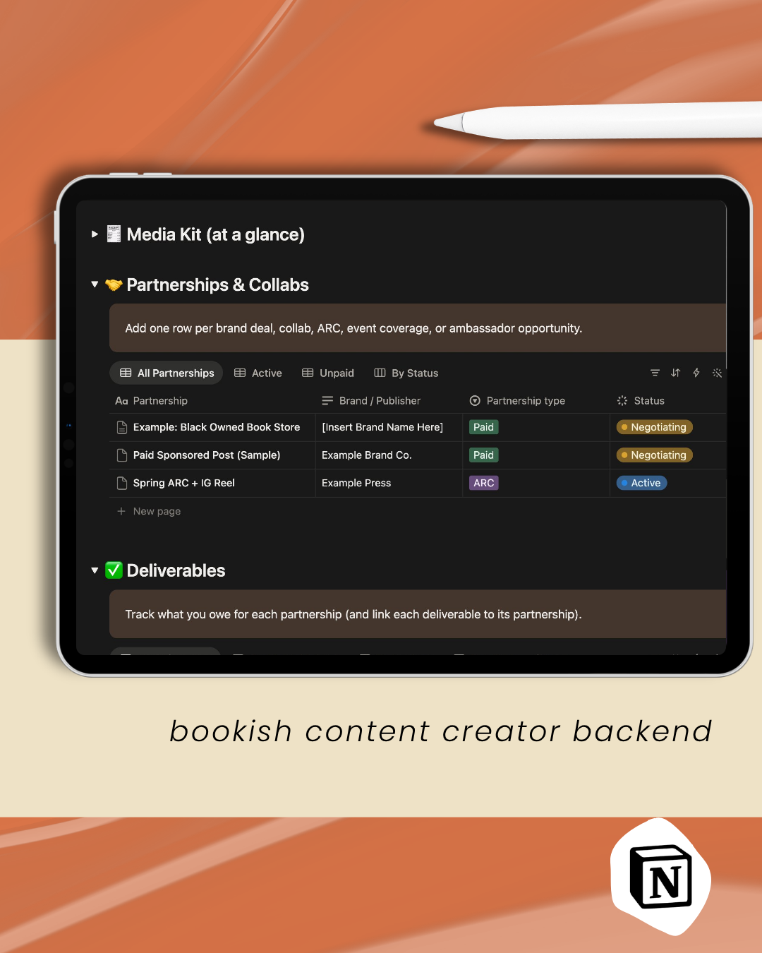 Bookish Content Creator Backend | Notion Template for BookTok, Bookstagram & Brand Deals