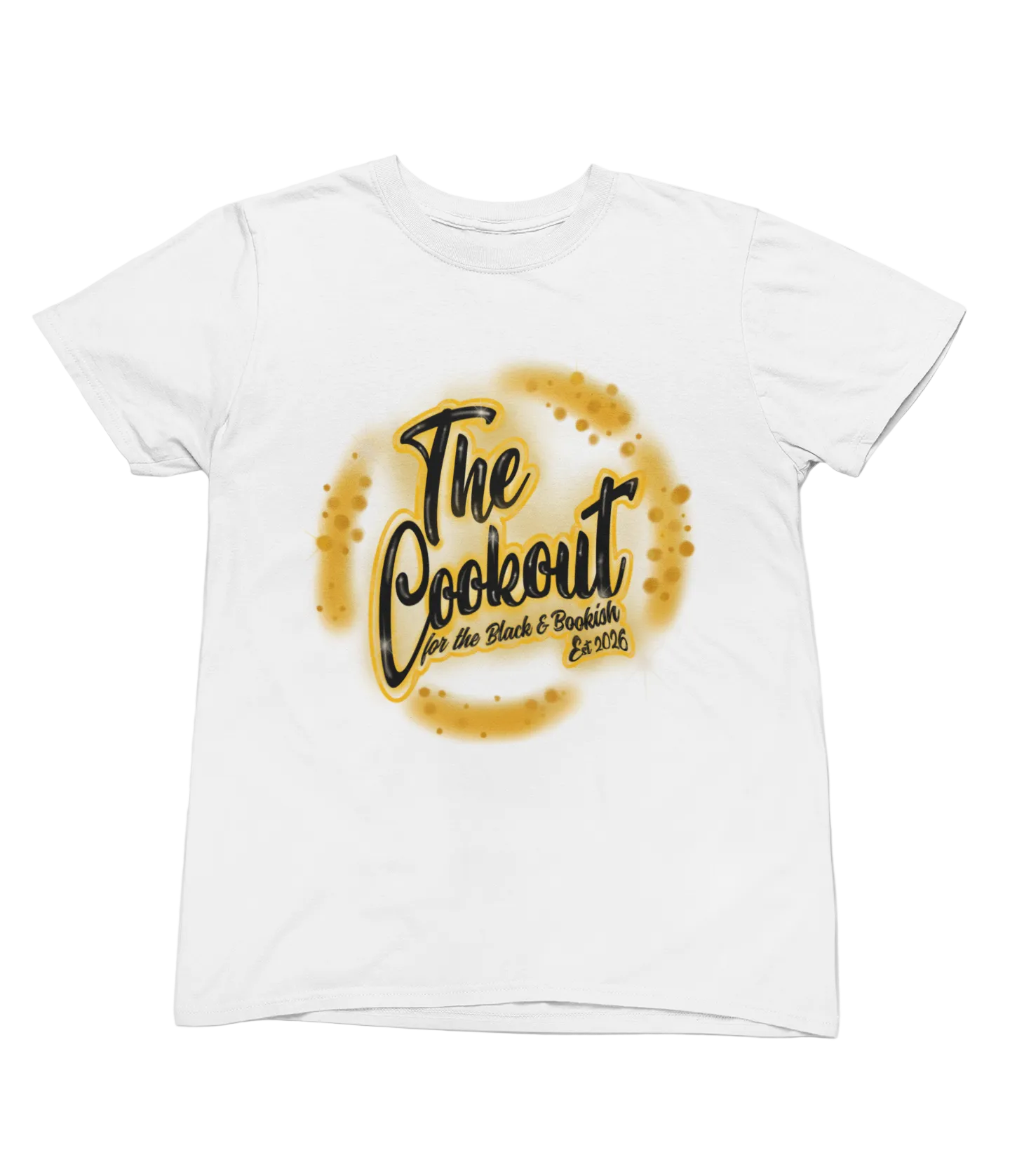 White t-shirt with 'The Cookout' logo on a white background